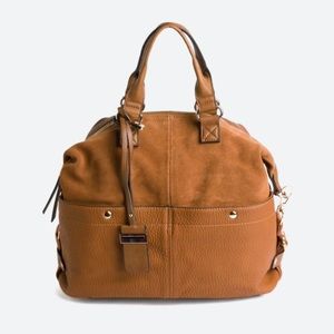 Moda Luxe London Mixed Material Satchel - cognac color